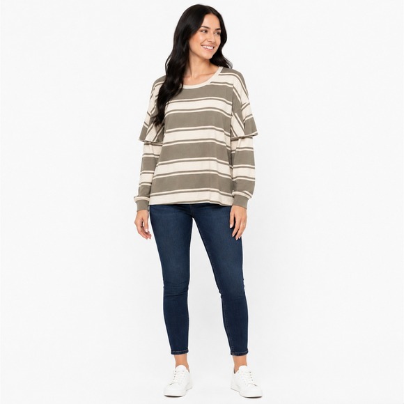 Chaser Tops - NEW Chaser Grey White Striped Ruffle Long Sleeve Knit Top MEDIUM